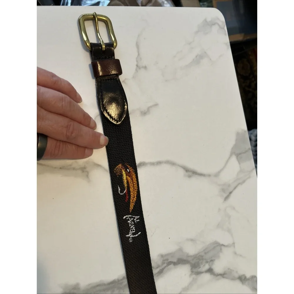 Al Agnew Mens Black Canvas Leather Fishing Fly Embroidered Belt Size 36 USA Made